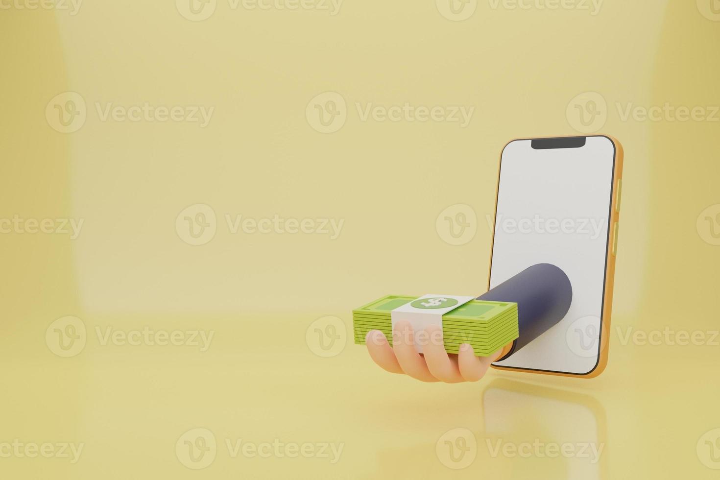 hand of business sticking out the smart phone screen, hands with Bundles cash .Financial application. money-saving,earnings, cashless society concept.blank screen. 3d render illustration photo