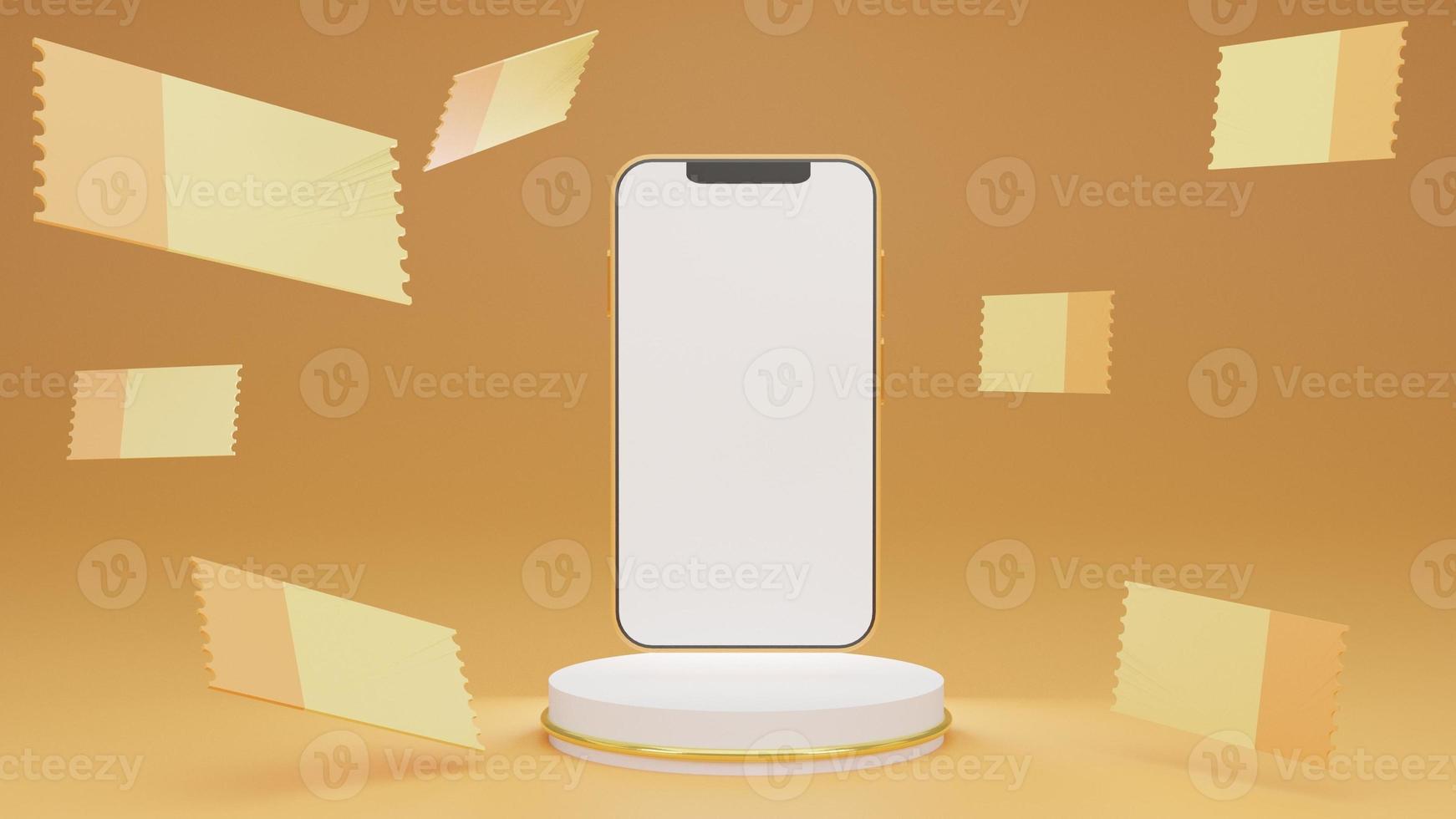 Smartphone with blank display and blank coupong sale banner on gold podium.Shopping mobile app,Mock up empty screen copy space,shopping coupon promotional card,Isolate background. 3D photo