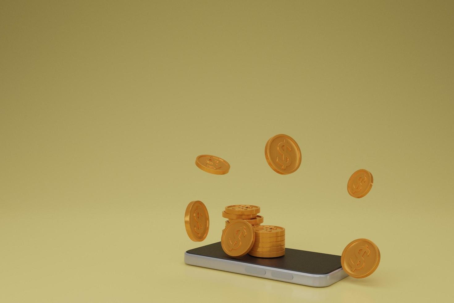 3d render apilamiento de monedas alrededor del concepto de transacción de pantalla blanca en blanco del teléfono móvil.banca móvil, teléfono inteligente de pago financiero.aislar fondo. foto