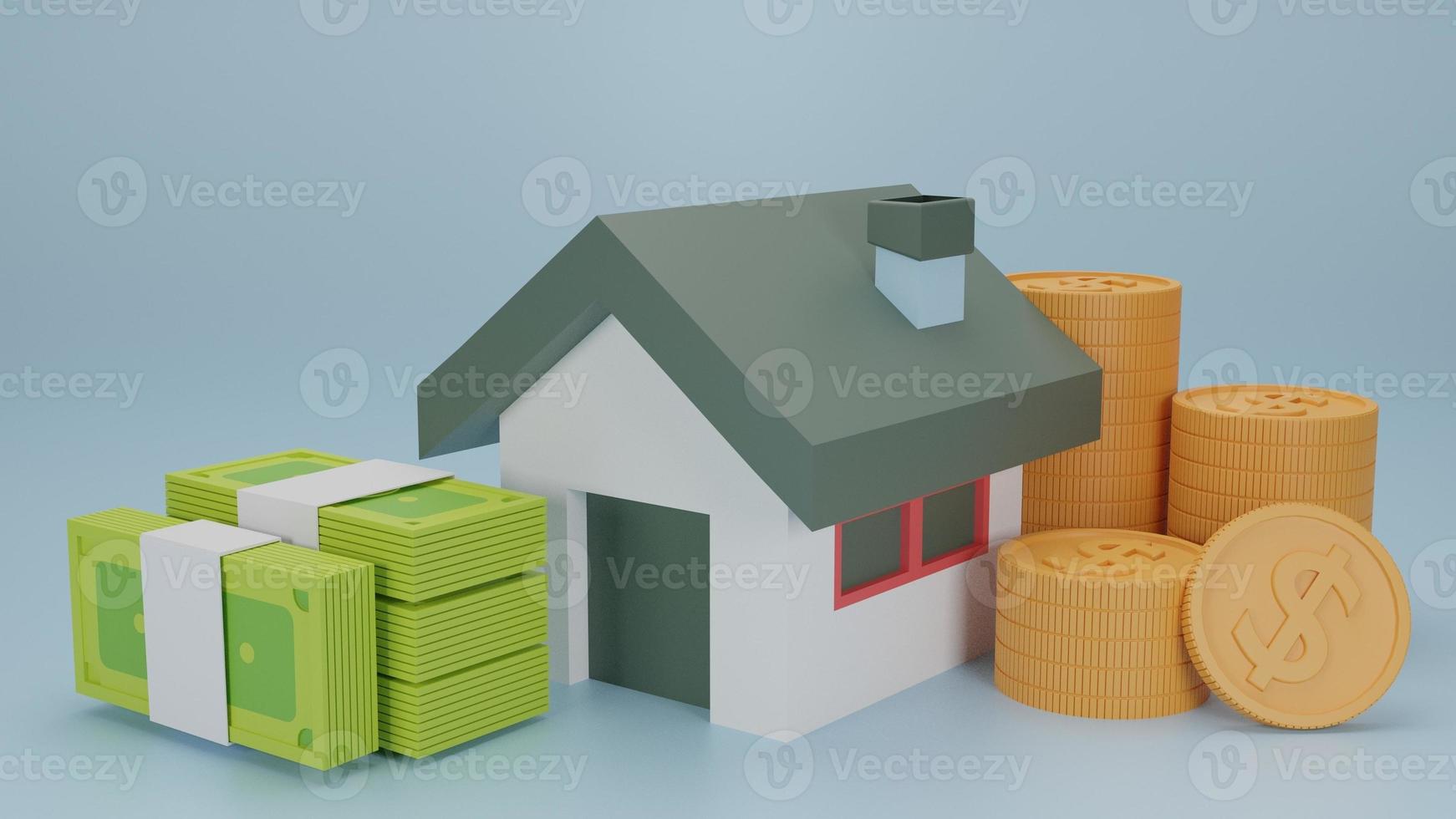 casa con montones de monedas y efectivo. concepto de ahorro de dinero, fondo aislado. inversión financiera empresarial, bienes inmuebles. ilustración de procesamiento 3d foto