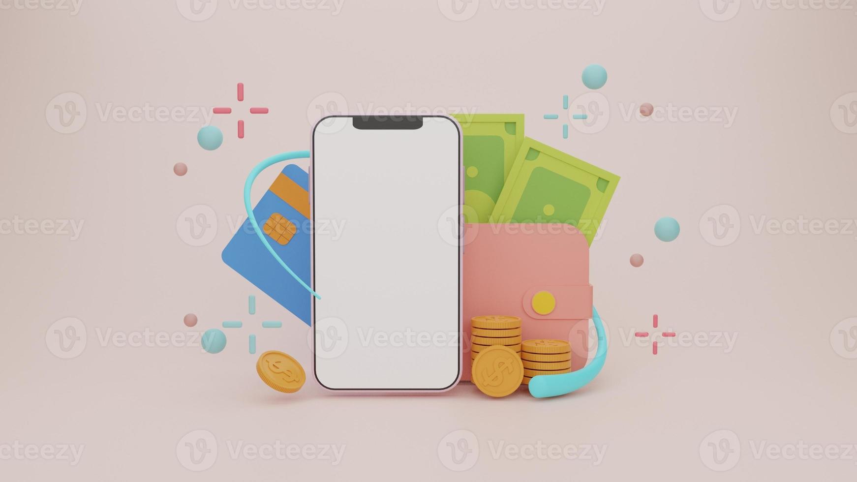 Smartphone with blank display,financial payment Smartphone,digital wallet,coins and credit card. Shopping mobile app, Cashback and banking,money-saving,3d render illustration photo