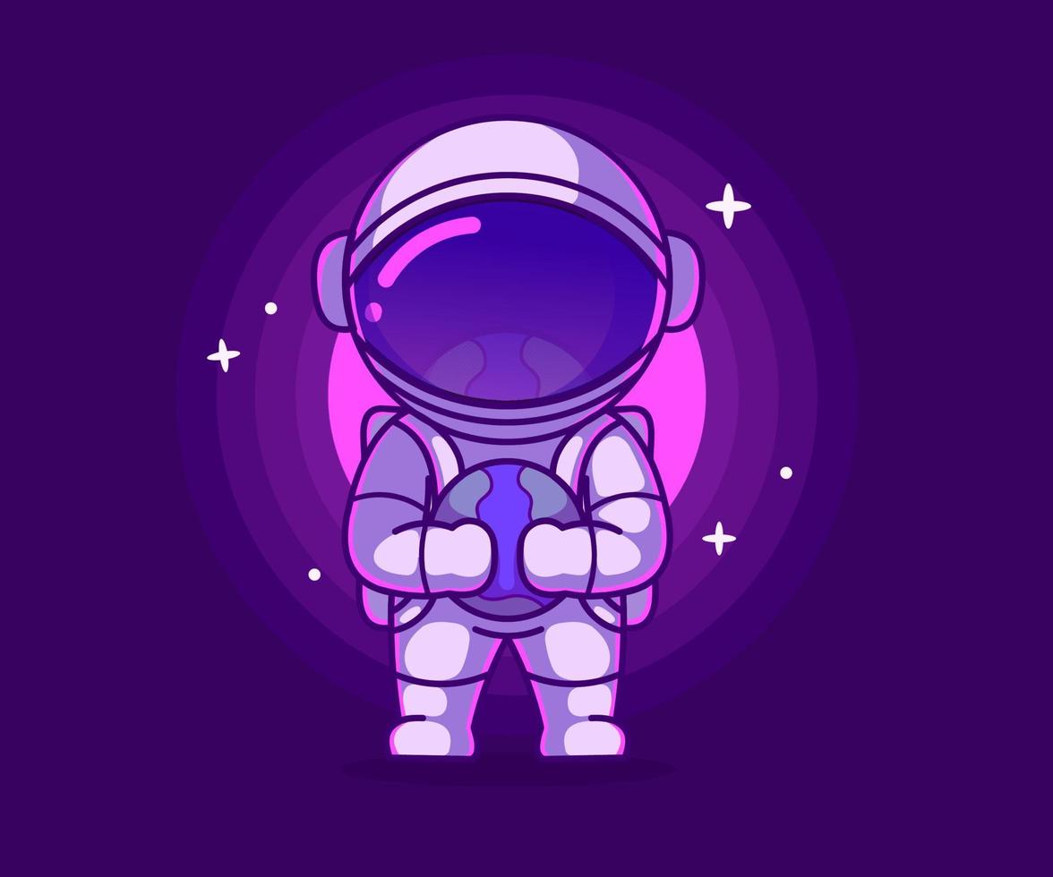 ilustración de mascota astronauta abrazando la tierra. vector icono, estilo de dibujos animados plana.