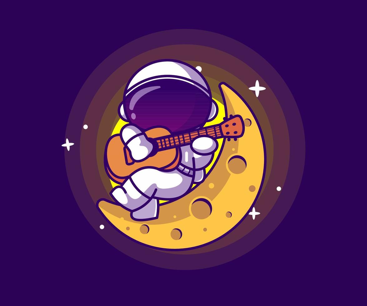 ilustración de la mascota astronauta tocando la guitarra en la luna. vector icono, estilo de dibujos animados plana.