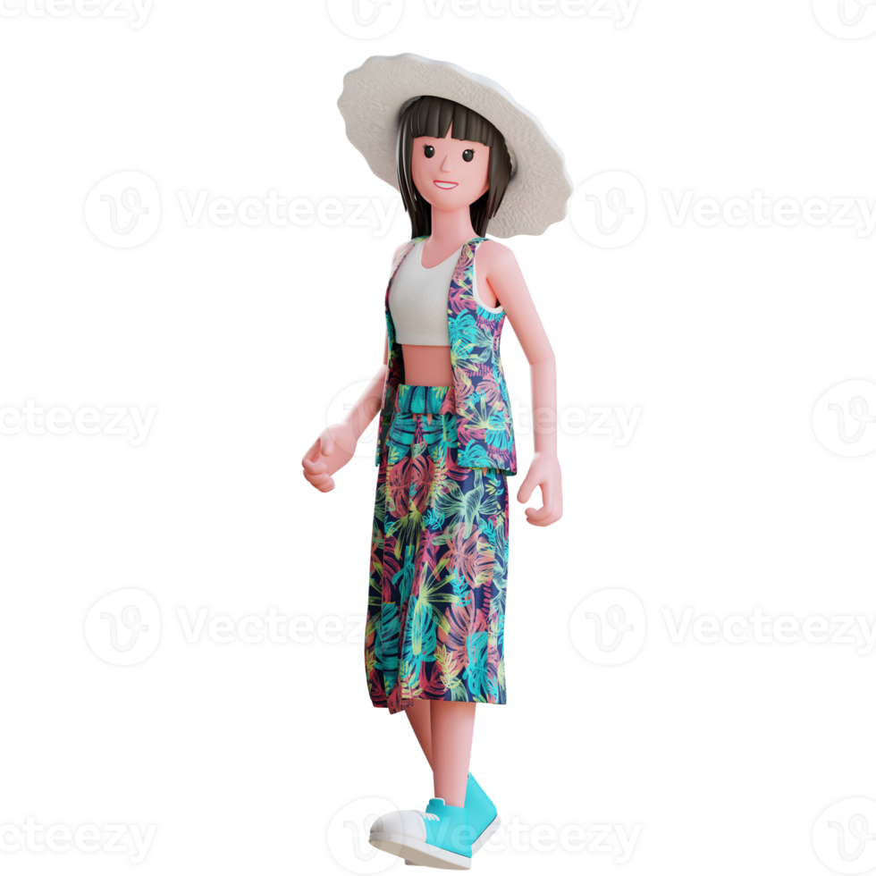 3d personagem de verão feminino andando usando chapéu de praia png