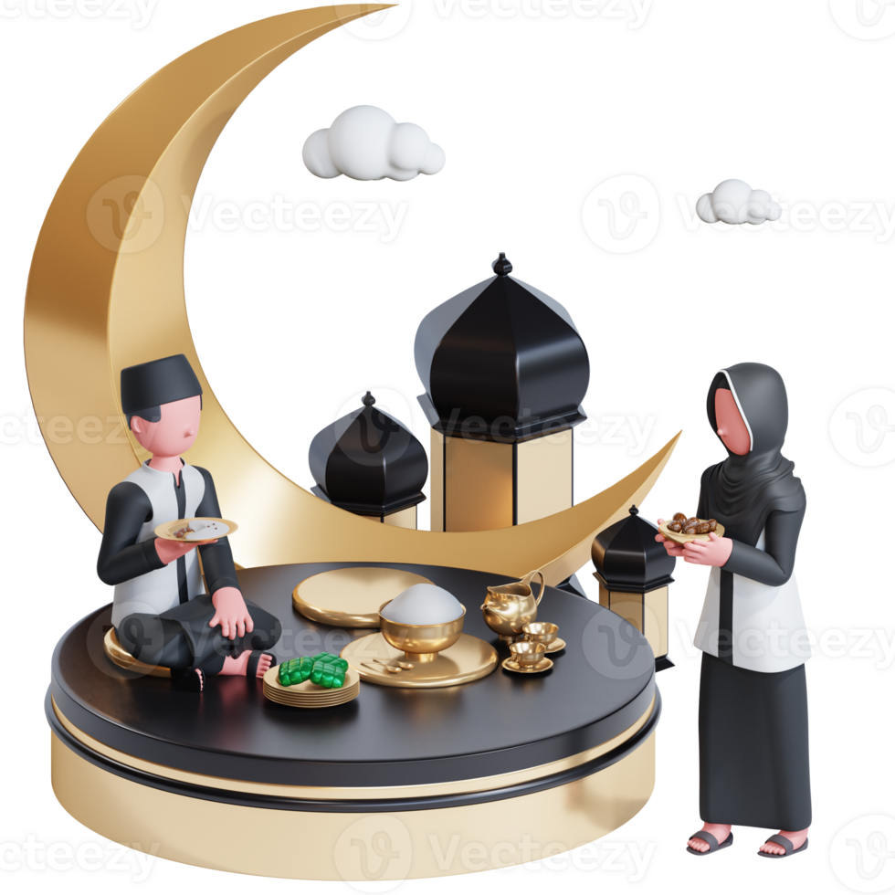 modèle de bannière ramadan kareem avec fête iftar de personnage de couple musulman 3d png