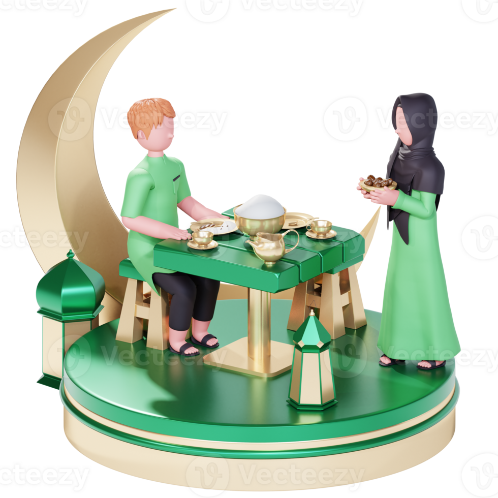 Ramadan kareem banner template with 3d muslim couple character iftar party png