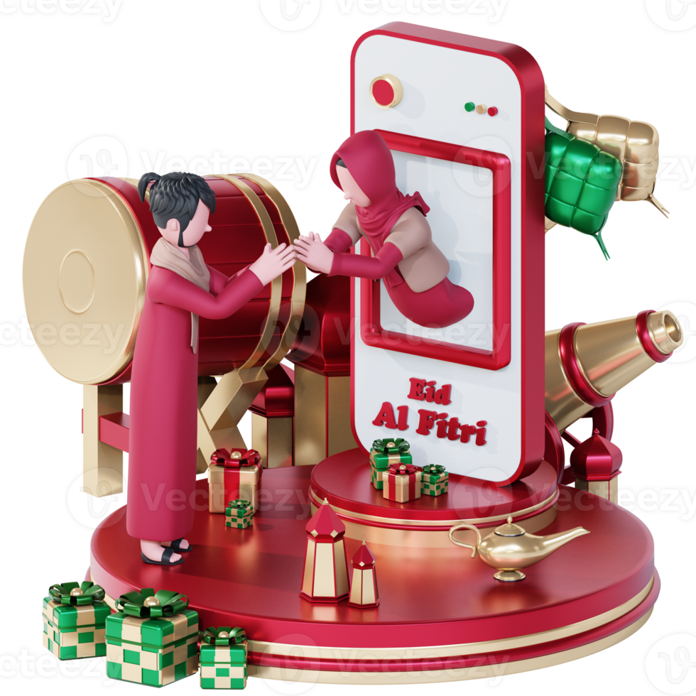 Eid mubarak banner template with 3d muslim couple character doing video call png
