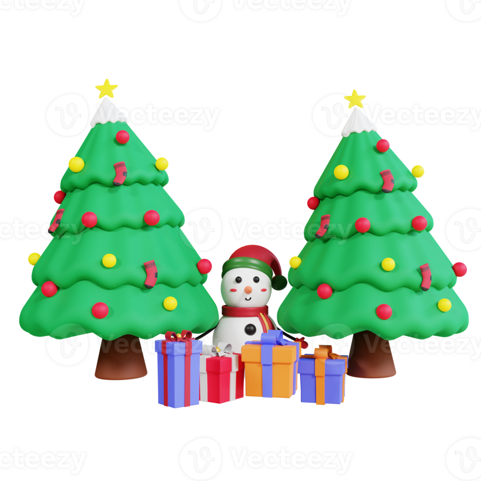 árvore de natal 3d com boneco de neve e caixa de presente png