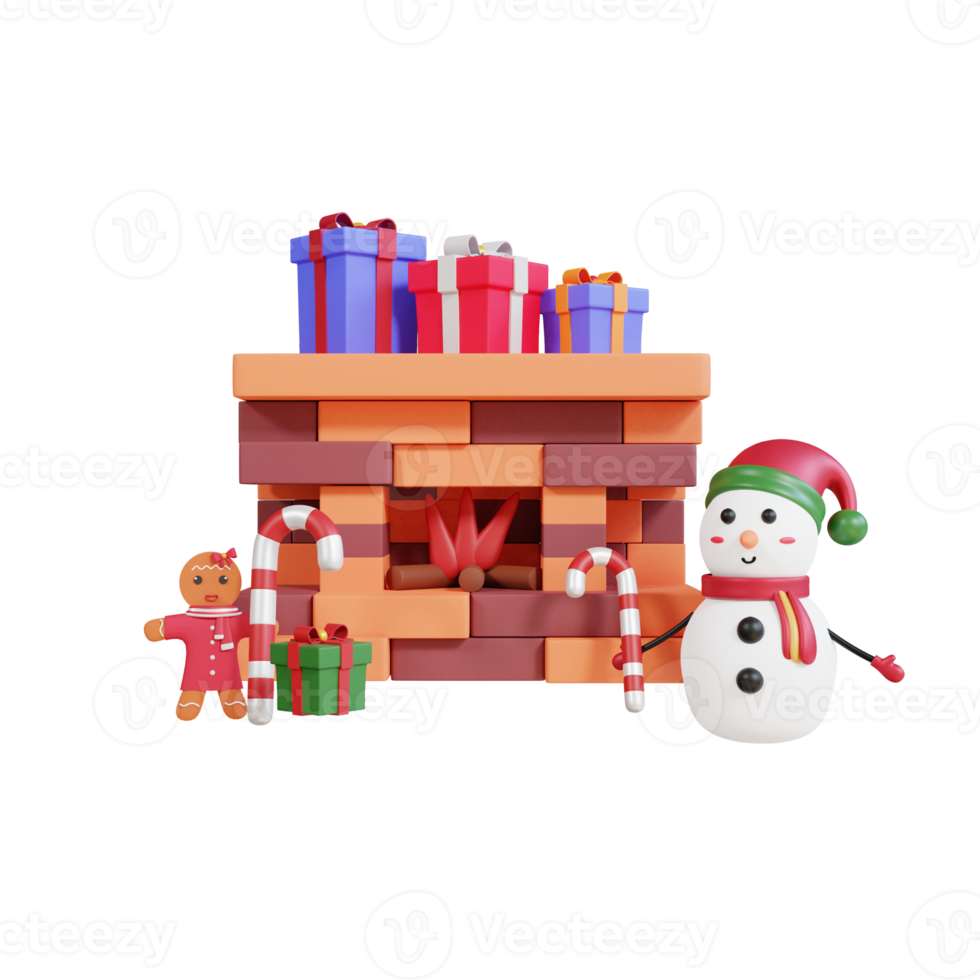3d christmas party with fireplace, snowman, gingger bread and gift box png