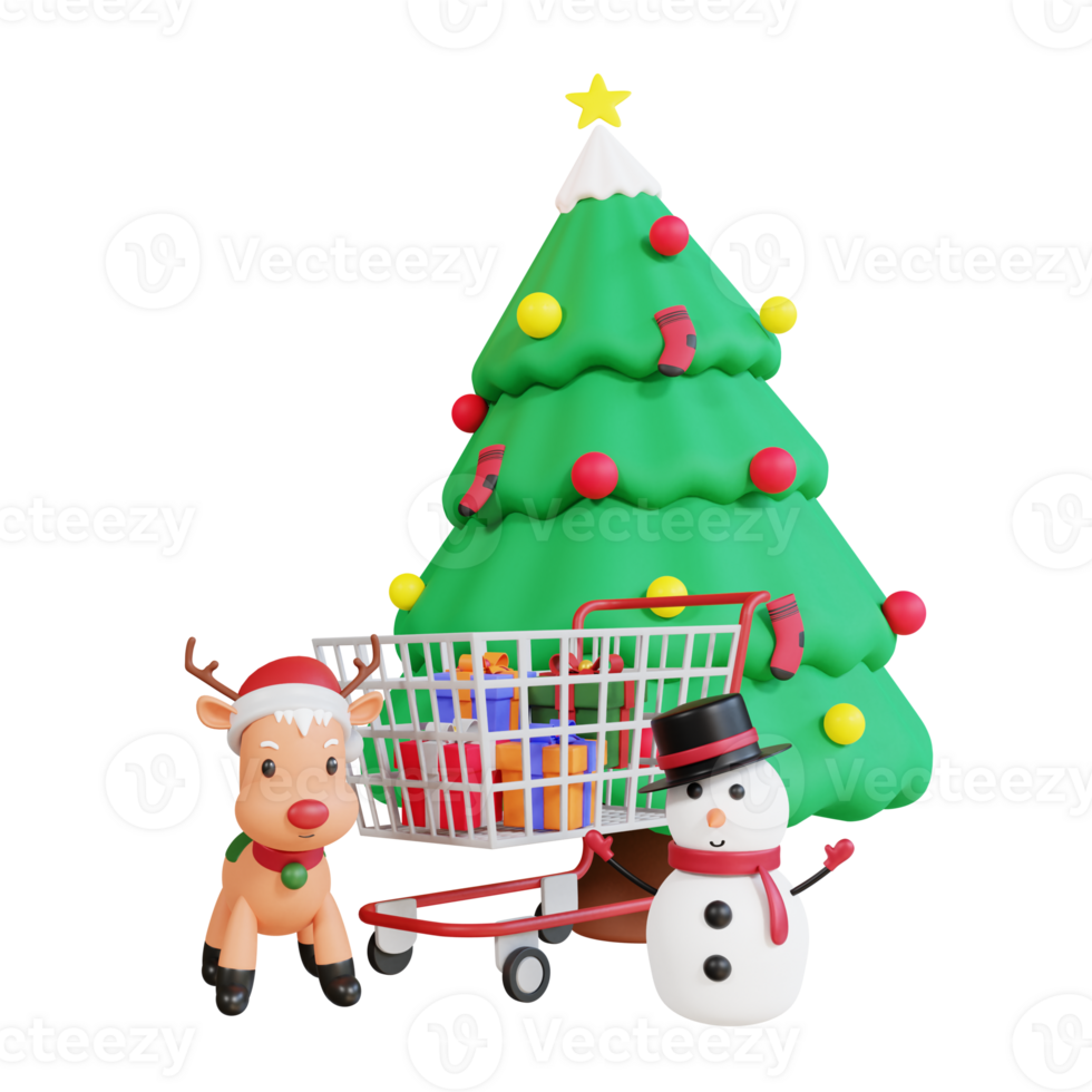 3d christmas tree, gift box, rendeer, snowman,  and shopping cart png