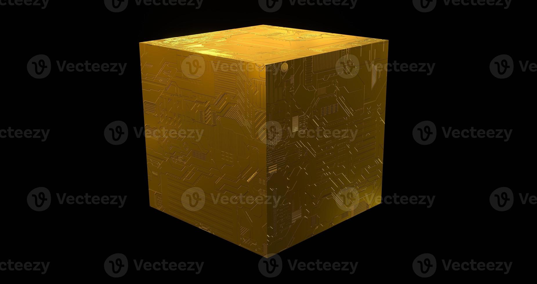Golden techno cube. Yellow square metal box covered with 3d render digital tracery and textures. Cube board artifact to connect to cyber system and network photo
