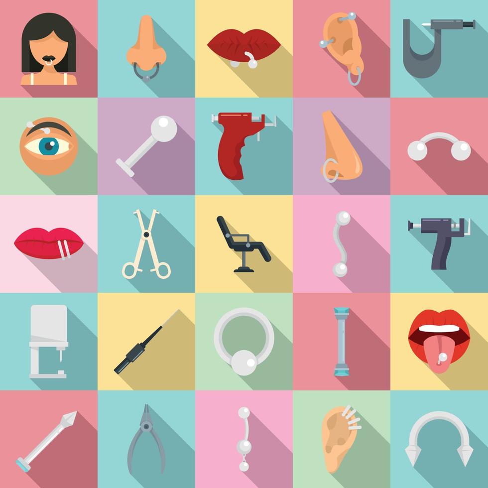 Piercing icons set, flat style vector