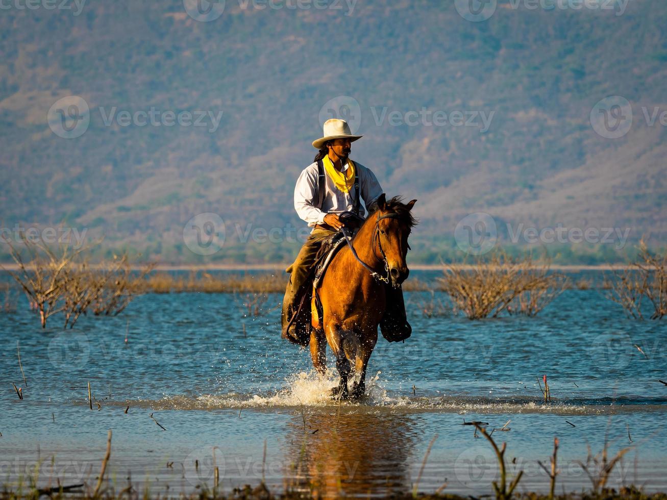 un vaquero occidental montaba un caballo para caminar por la zona del lago, con el fondo en las montañas foto