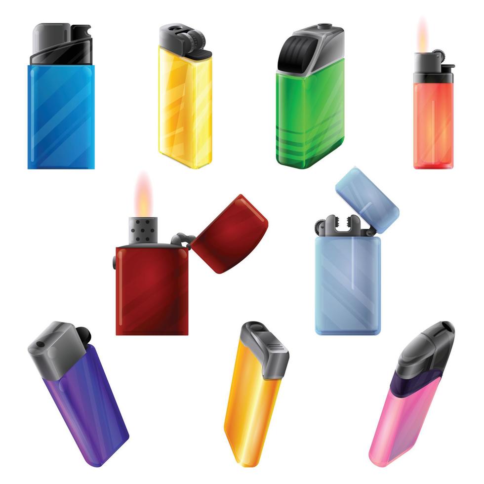 Cigarette lighter icons set cartoon vector. Burn cigarette plug vector