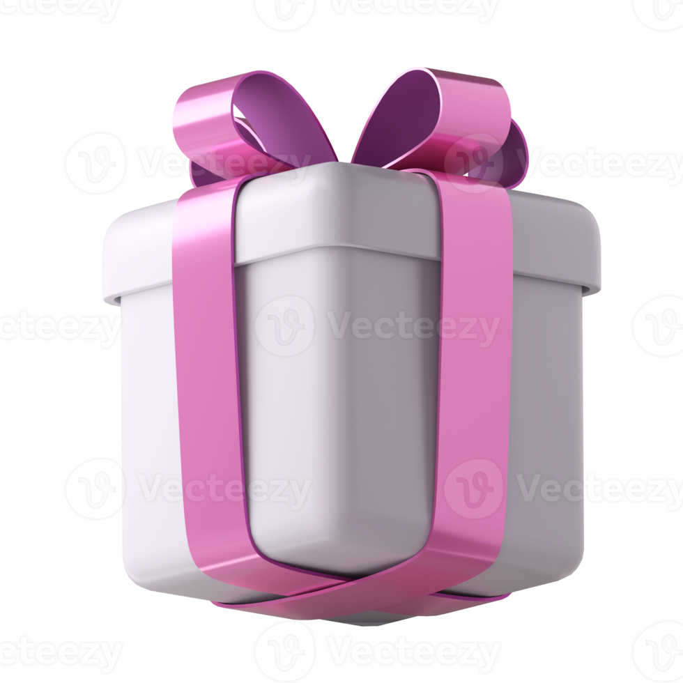 Realistic 3d white gift box with pink glossy ribbon bow isolated on. 3d render isometric modern holiday surprise box. Realistic icon for present, birthday or wedding banners png