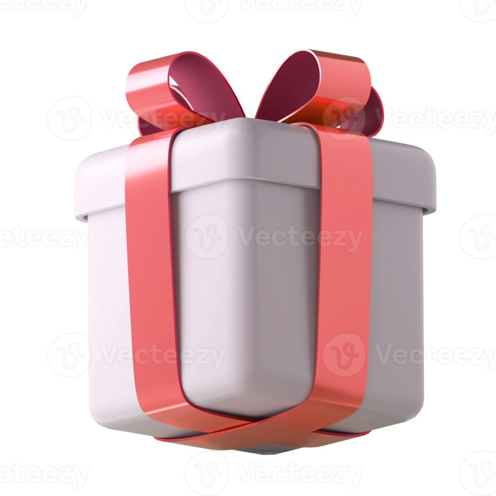 Realistic 3d white gift box with red glossy ribbon bow isolated on transparent  background. 3d render isometric modern holiday surprise box. Realistic icon for present, birthday or wedding banners png