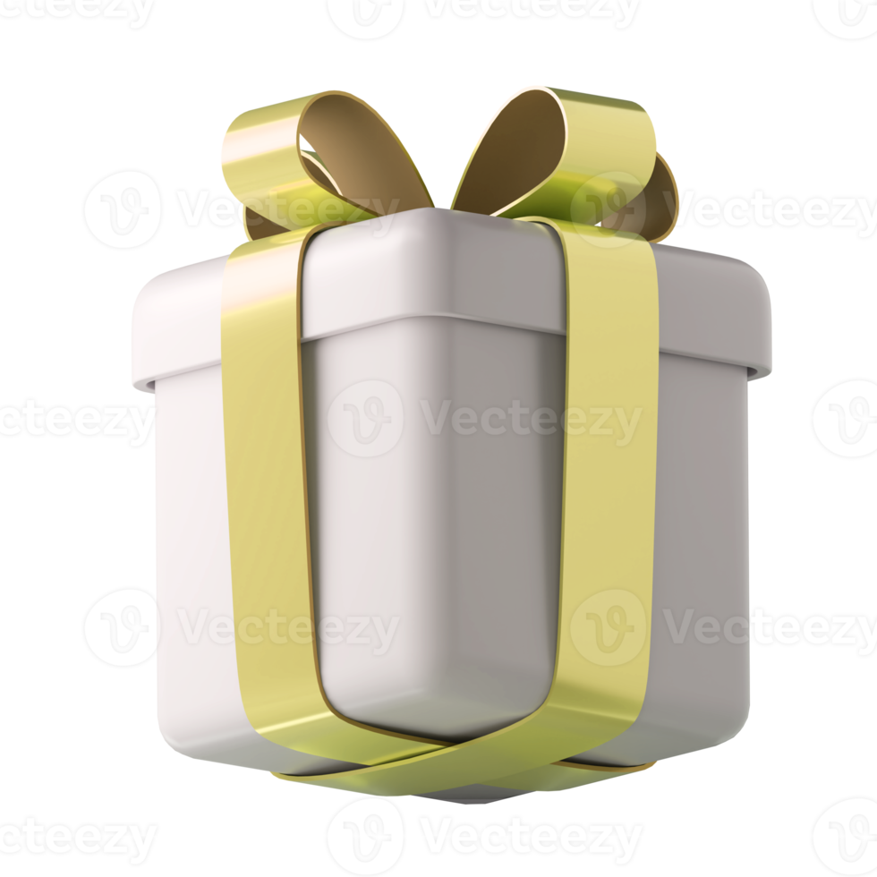 Realistic 3d white gift box with golden glossy ribbon bow isolated on transparent background. 3d render isometric modern holiday surprise box. Realistic icon for present, birthday or wedding banners png