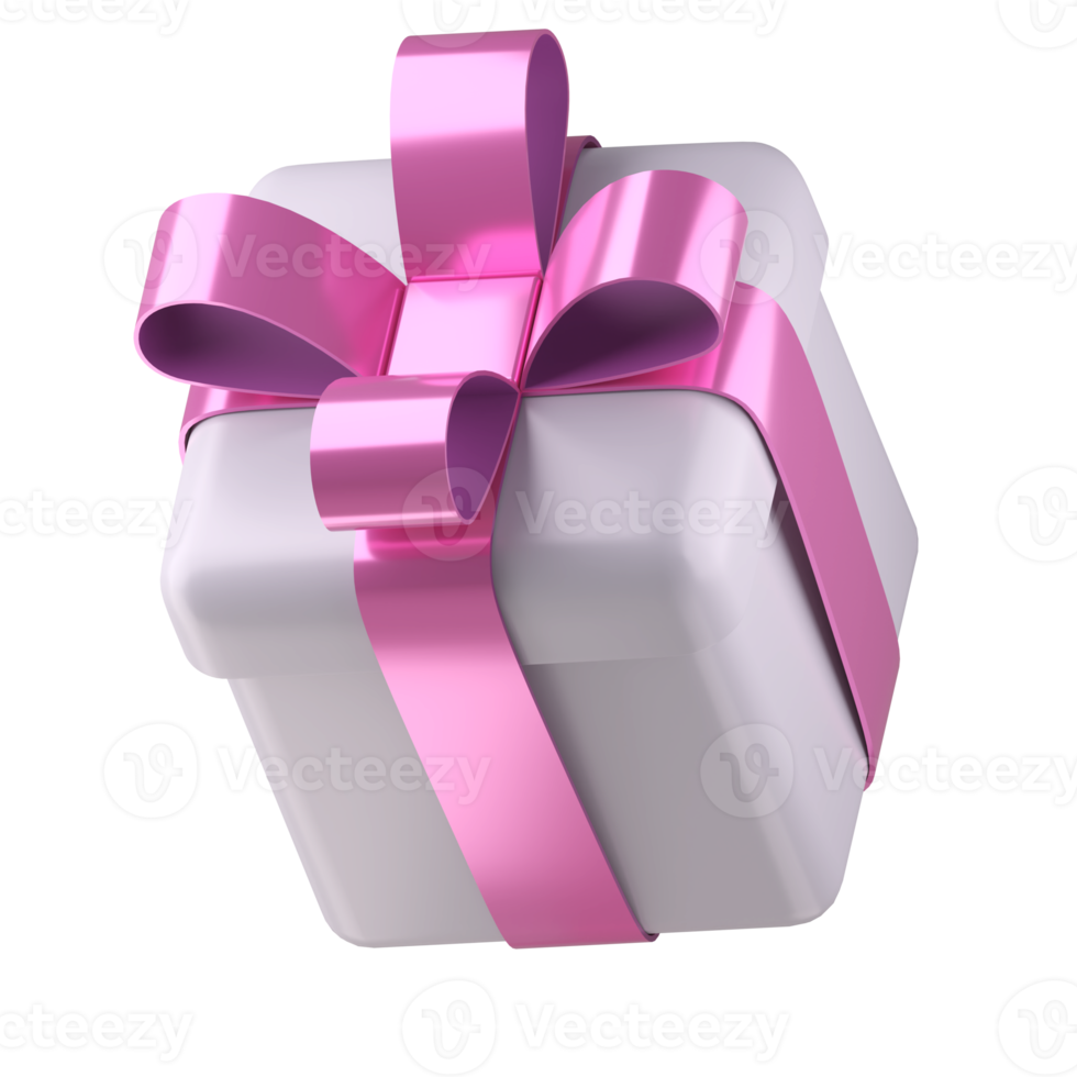 Realistic 3d white gift box with pink glossy ribbon bow isolated on. 3d render isometric modern holiday surprise box. Realistic icon for present, birthday or wedding banners png