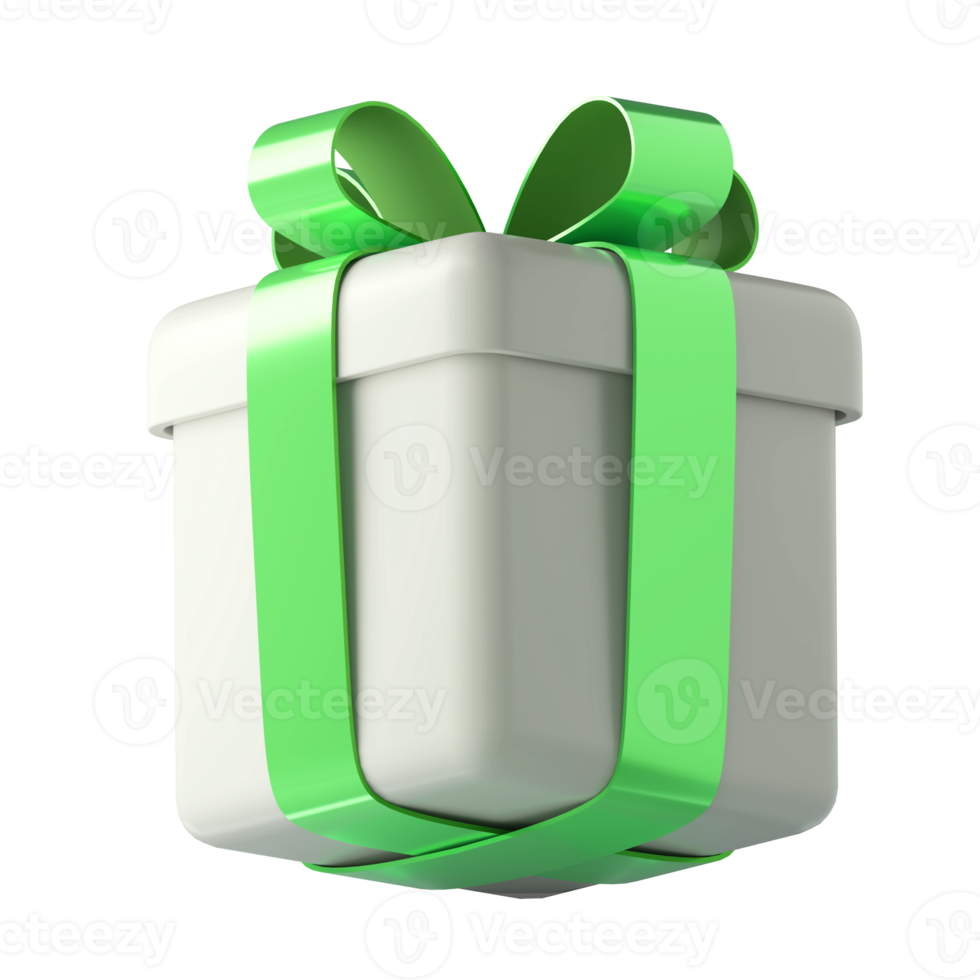 realistische 3d-weiße geschenkbox mit grüner glänzender bandschleife lokalisiert auf transparentem hintergrund. 3D-Rendering isometrische moderne Urlaubsüberraschungsbox. realistisches symbol für geschenk-, geburtstags- oder hochzeitsbanner png