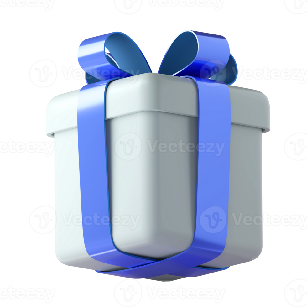 Realistic 3d white gift box with blue glossy ribbon bow isolated on transparent background. 3d render isometric modern holiday surprise box. Realistic icon for present, birthday or wedding banners png