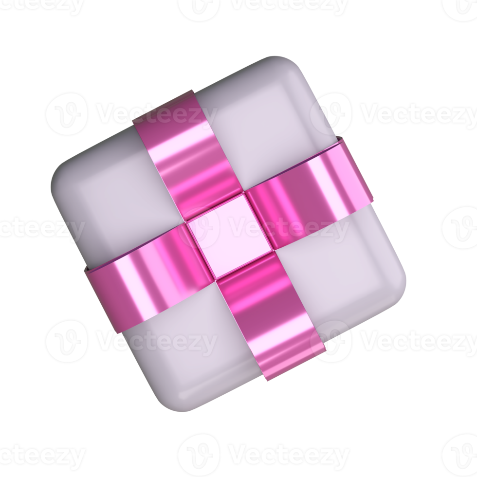 Realistic 3d white gift box with pink glossy ribbon bow isolated on. 3d render isometric modern holiday surprise box. Realistic icon for present, birthday or wedding banners png