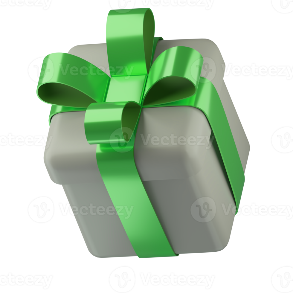 Realistic 3d white gift box with green glossy ribbon bow isolated on transparent background. 3d render isometric modern holiday surprise box. Realistic icon for present, birthday or wedding banners png