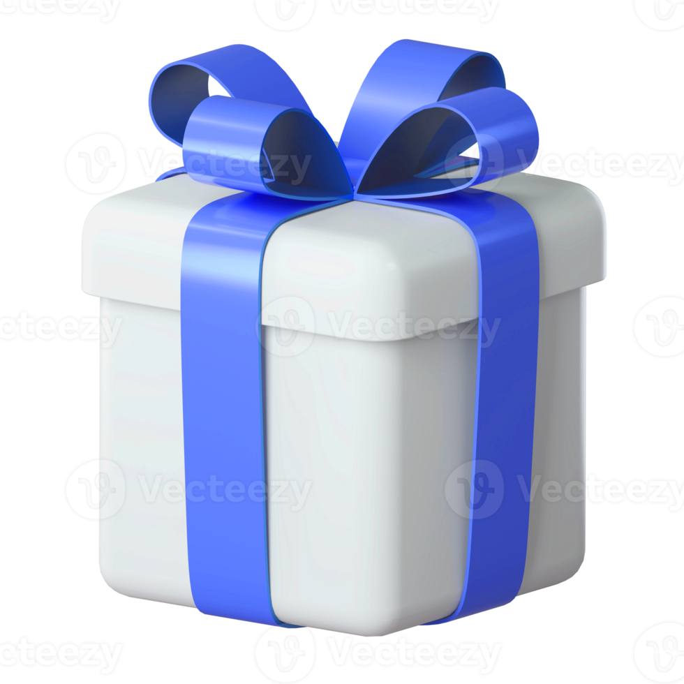 Realistic 3d white gift box with blue glossy ribbon bow isolated on transparent background. 3d render isometric modern holiday surprise box. Realistic icon for present, birthday or wedding banners png