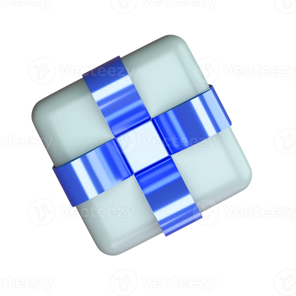 Realistic 3d white gift box with blue glossy ribbon bow isolated on transparent background. 3d render isometric modern holiday surprise box. Realistic icon for present, birthday or wedding banners png