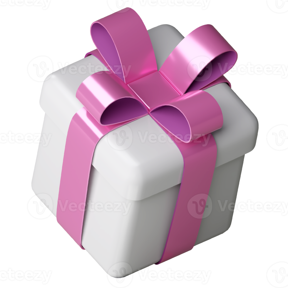 Realistic 3d white gift box with pink glossy ribbon bow isolated on. 3d render isometric modern holiday surprise box. Realistic icon for present, birthday or wedding banners png