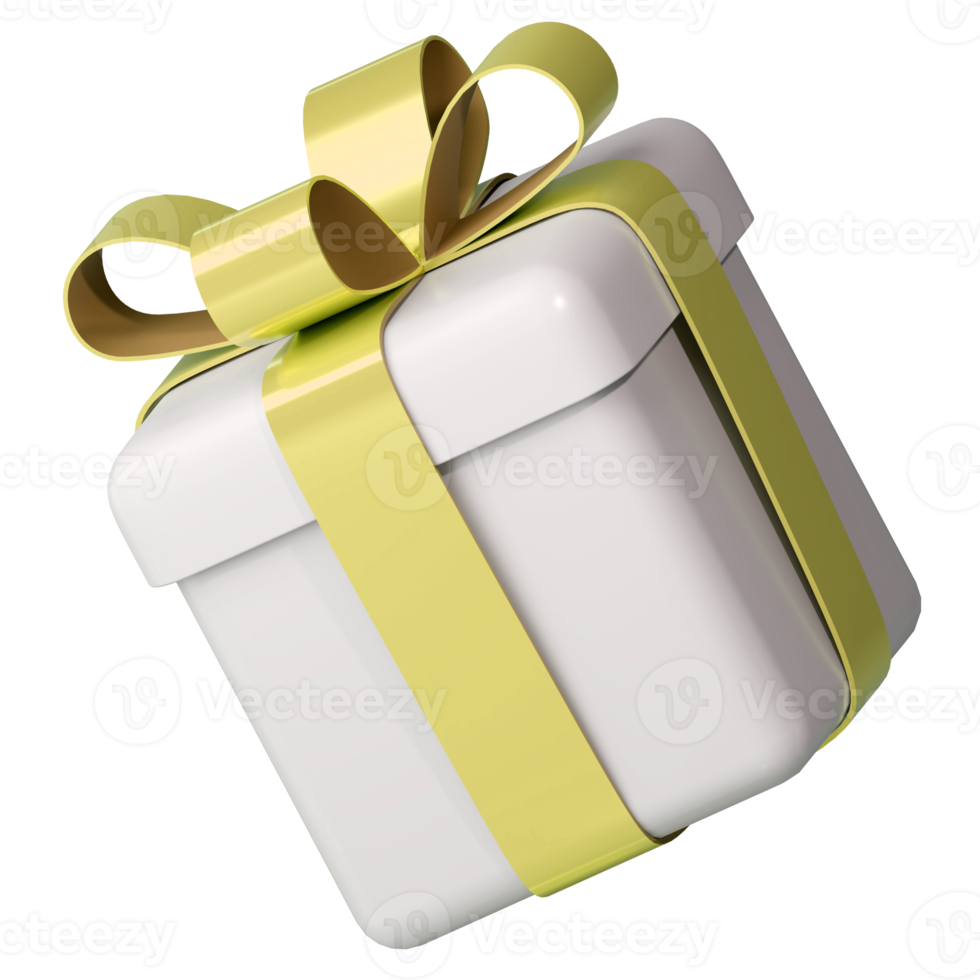 Realistic 3d white gift box with golden glossy ribbon bow isolated on transparent background. 3d render isometric modern holiday surprise box. Realistic icon for present, birthday or wedding banners png