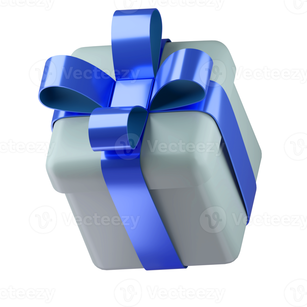 Realistic 3d white gift box with blue glossy ribbon bow isolated on transparent background. 3d render isometric modern holiday surprise box. Realistic icon for present, birthday or wedding banners png