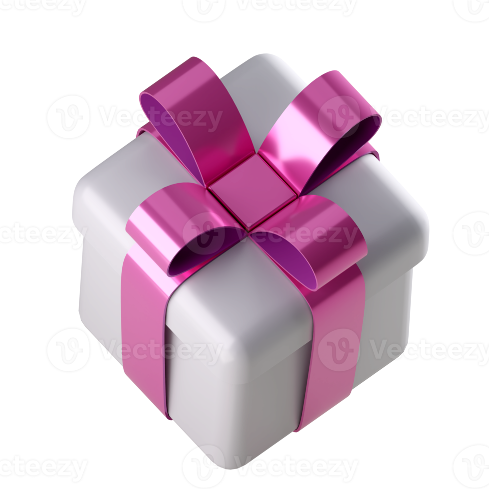 Realistic 3d white gift box with pink glossy ribbon bow isolated on. 3d render isometric modern holiday surprise box. Realistic icon for present, birthday or wedding banners png