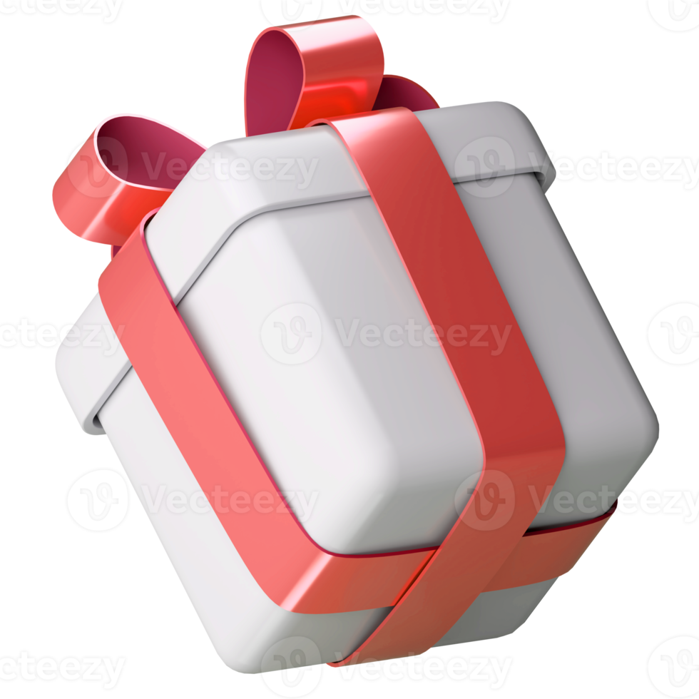 Realistic 3d white gift box with red glossy ribbon bow isolated on transparent  background. 3d render isometric modern holiday surprise box. Realistic icon for present, birthday or wedding banners png