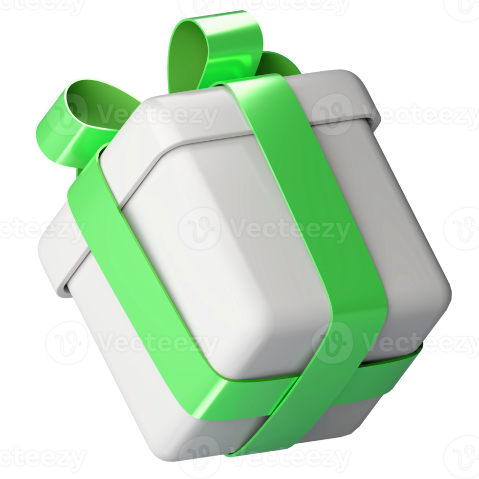 realistische 3d-weiße geschenkbox mit grüner glänzender bandschleife lokalisiert auf transparentem hintergrund. 3D-Rendering isometrische moderne Urlaubsüberraschungsbox. realistisches symbol für geschenk-, geburtstags- oder hochzeitsbanner png