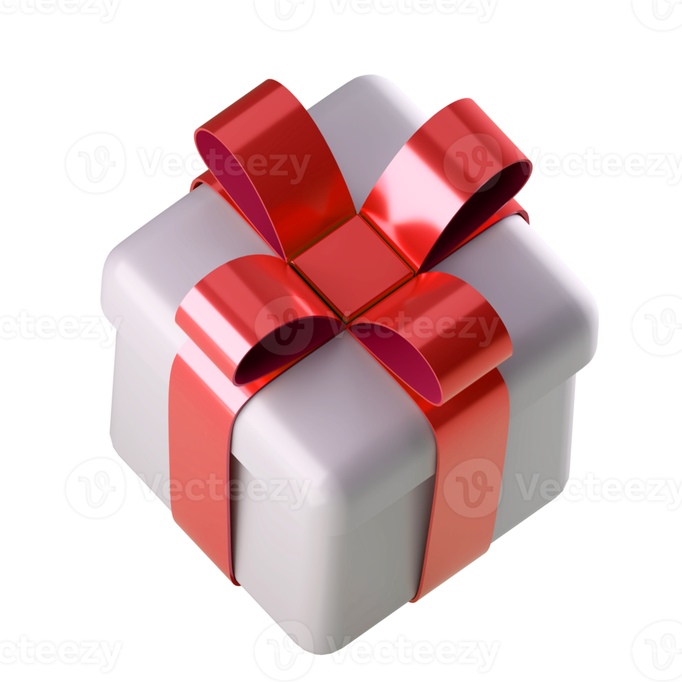 Realistic 3d white gift box with red glossy ribbon bow isolated on transparent  background. 3d render isometric modern holiday surprise box. Realistic icon for present, birthday or wedding banners png