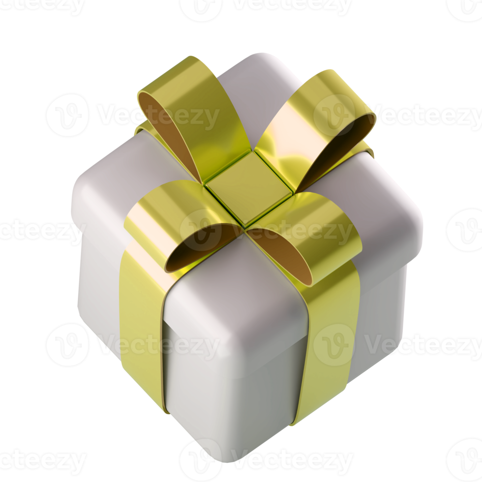 Realistic 3d white gift box with golden glossy ribbon bow isolated on transparent background. 3d render isometric modern holiday surprise box. Realistic icon for present, birthday or wedding banners png