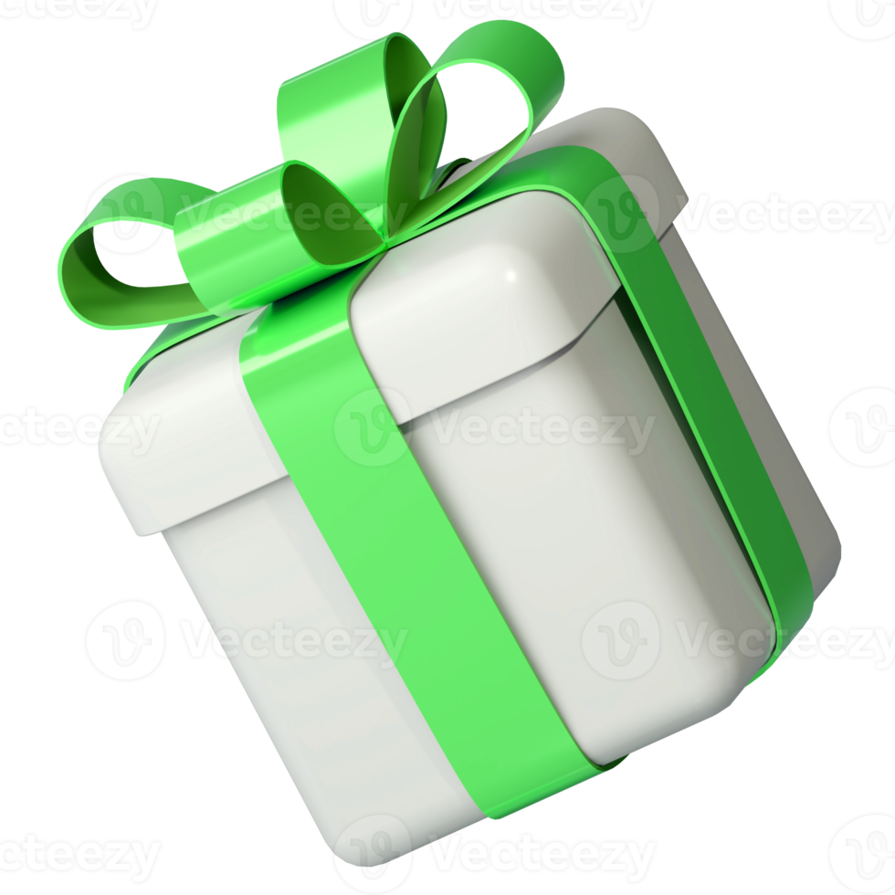 Realistic 3d white gift box with green glossy ribbon bow isolated on transparent background. 3d render isometric modern holiday surprise box. Realistic icon for present, birthday or wedding banners png