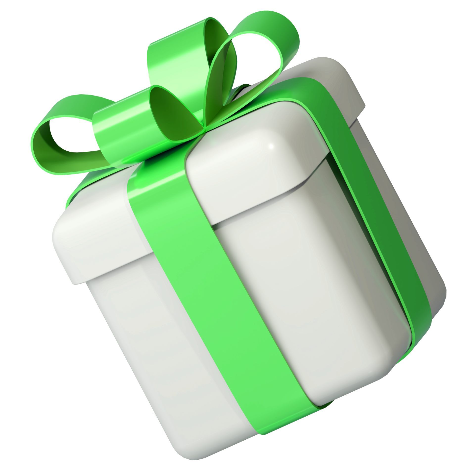 Realistic 3d white gift box with green glossy ribbon bow isolated on