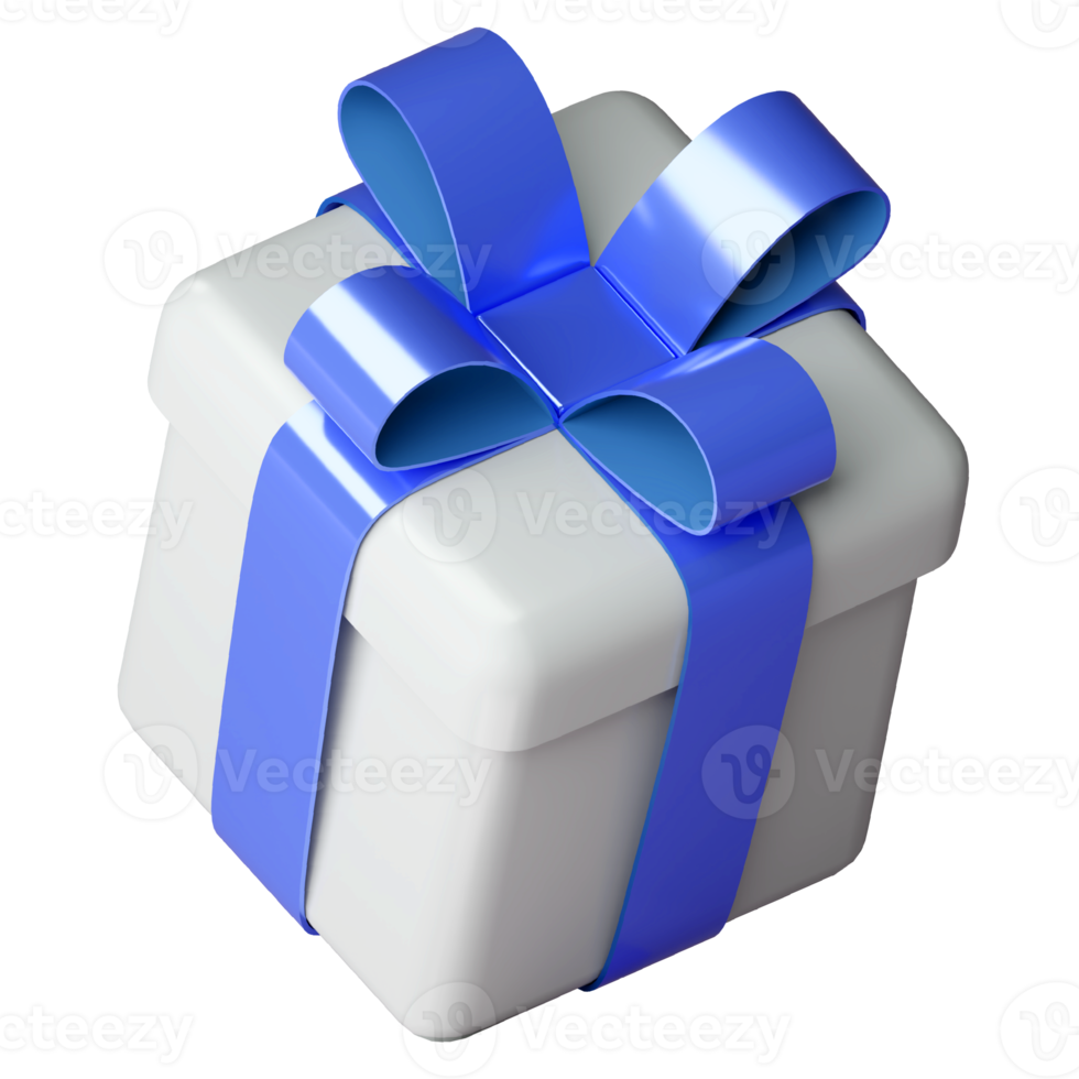 Realistic 3d white gift box with blue glossy ribbon bow isolated on transparent background. 3d render isometric modern holiday surprise box. Realistic icon for present, birthday or wedding banners png