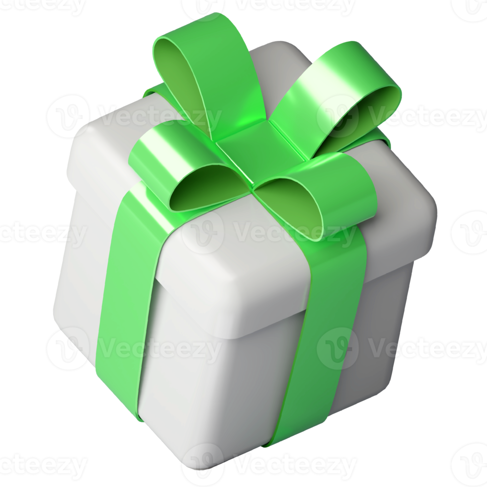 Realistic 3d white gift box with green glossy ribbon bow isolated on transparent background. 3d render isometric modern holiday surprise box. Realistic icon for present, birthday or wedding banners png