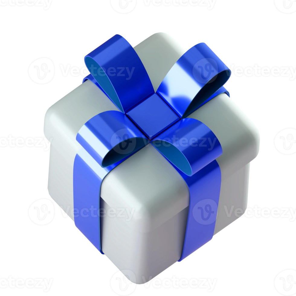 Realistic 3d white gift box with blue glossy ribbon bow isolated on transparent background. 3d render isometric modern holiday surprise box. Realistic icon for present, birthday or wedding banners png