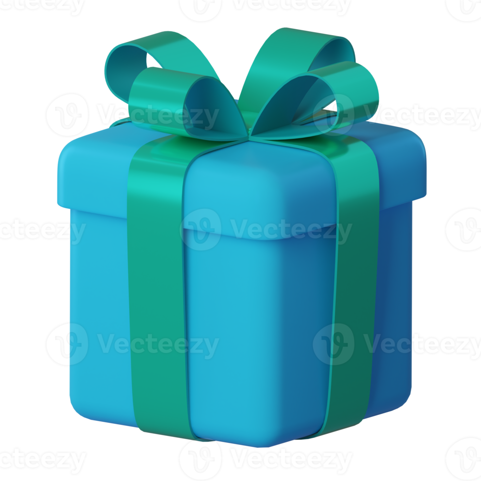 Realistic 3d blue gift box with green glossy ribbon bow isolated transparent background. 3d render isometric modern holiday surprise box. Realistic icon for present, birthday or wedding banners png