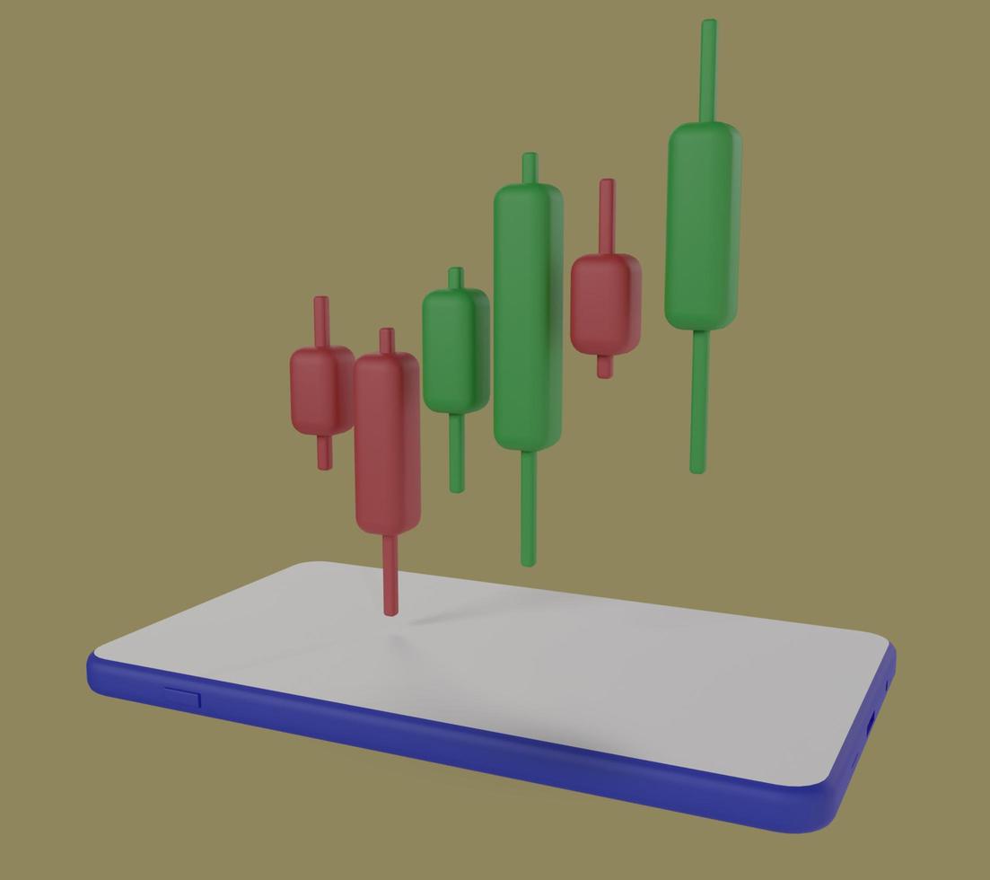 gráfico de velas con teléfono móvil, concepto de comercio móvil, representación 3d foto