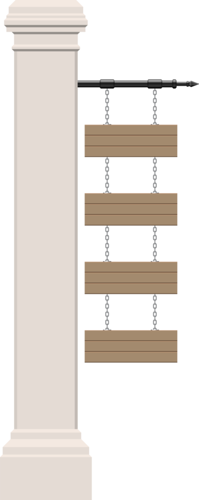 planche de bois accrochée à un pilier en béton vintage png