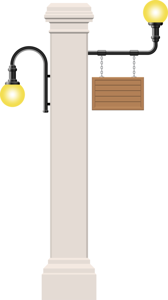 Wooden board hanging on vintage street lamp png