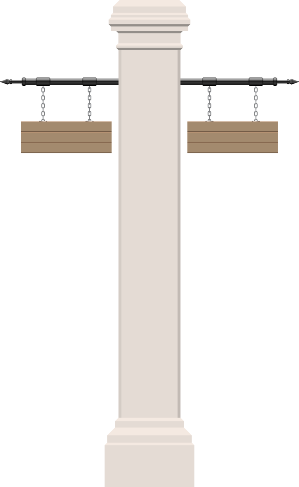 planche de bois accrochée à un pilier en béton vintage png