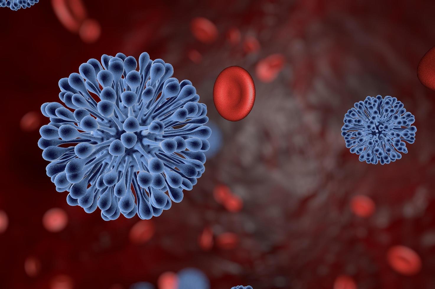 3D Image of a virus against a background of red blood cells. 3D rendering of virus and bacteria in infected blood photo