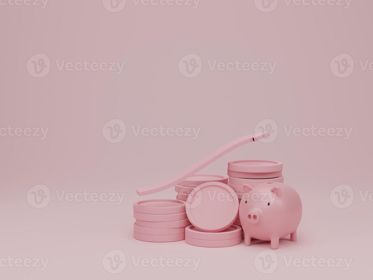 Arrow and coin stacks on pink background. Growth financial success and invest business concept. 3d render illustration photo