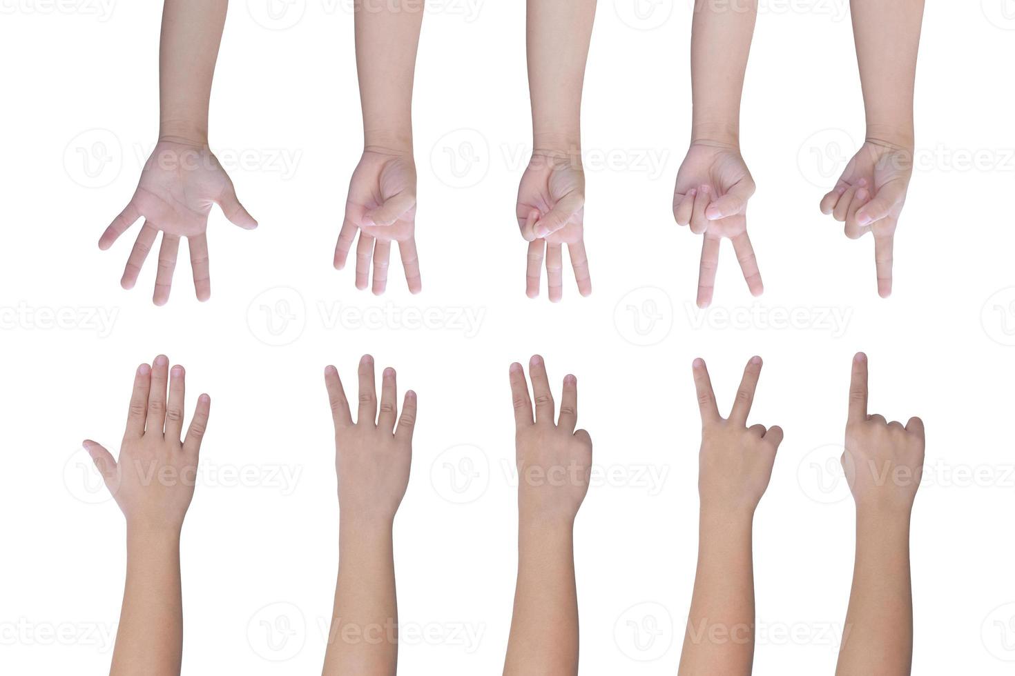 Children hand showing one to five fingers count Isolated on white background, with clipping path. photo