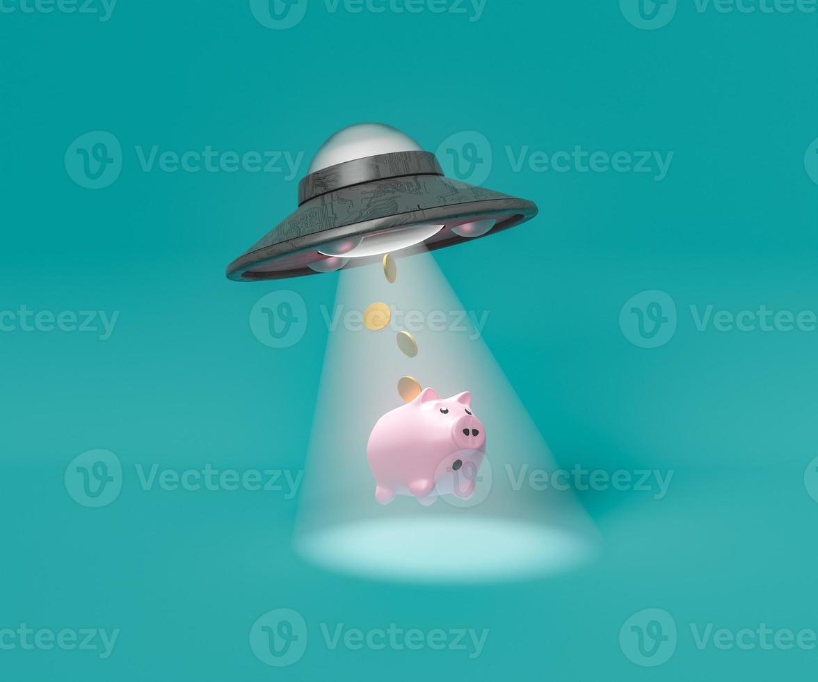 Flying saucer stealing money from piggy bank photo